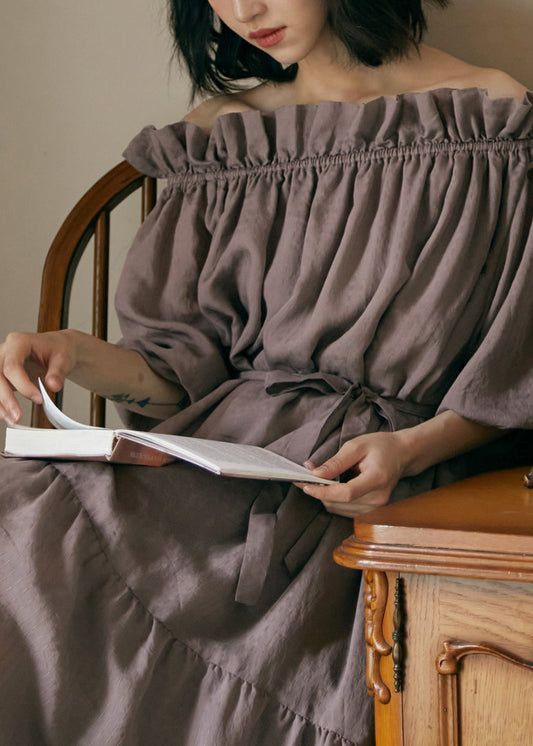 Plus Size Grey Purple Ruffled Lace Up Patchwork Cotton Dress Summer