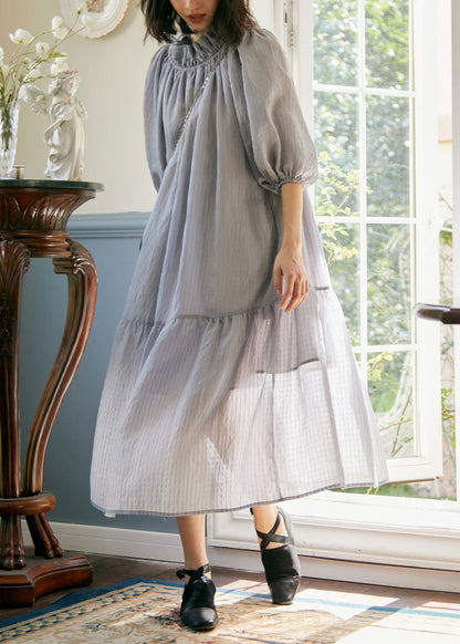 Plus Size Grey Purple Ruffled Lace Up Patchwork Cotton Dress Summer