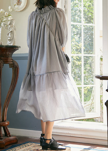 Plus Size Grey Purple Ruffled Lace Up Patchwork Cotton Dress Summer