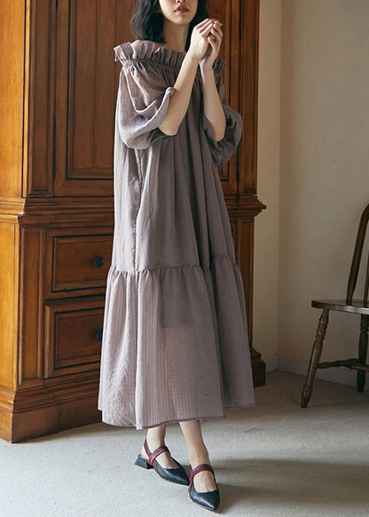 Plus Size Grey Purple Ruffled Lace Up Patchwork Cotton Dress Summer