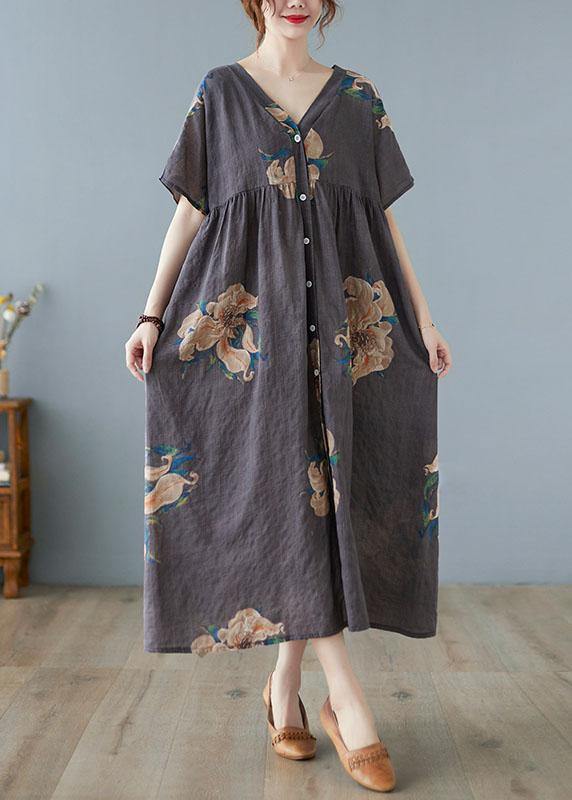 Plus Size Black flower Retro Button Summer Print Half Sleeve Maxi Dress