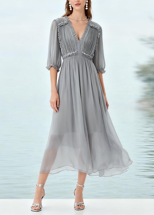 Plus Size Grey Ruffled Patchwork Chiffon Long Dress Summer