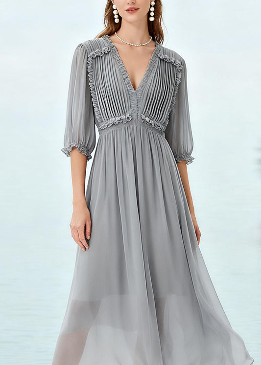 Plus Size Grey Ruffled Patchwork Chiffon Long Dress Summer