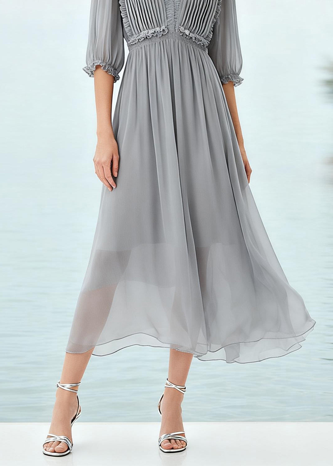 Plus Size Grey Ruffled Patchwork Chiffon Long Dress Summer