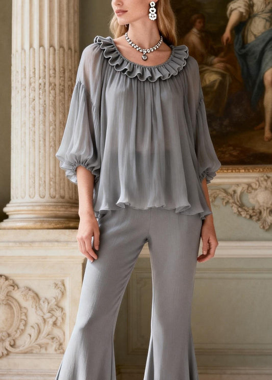 Plus Size Grey Ruffled Patchwork Silk Two Pieces Set Summer