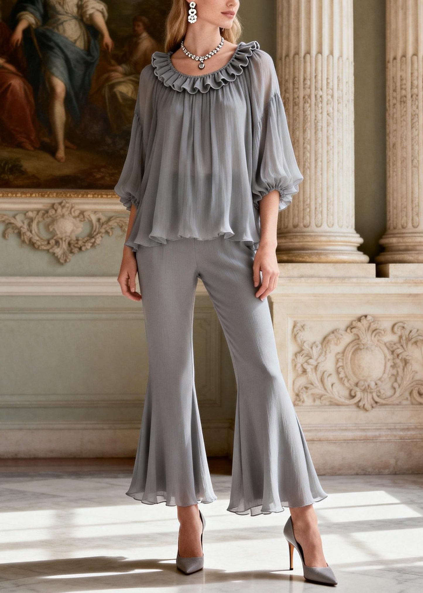 Plus Size Grey Ruffled Patchwork Silk Two Pieces Set Summer