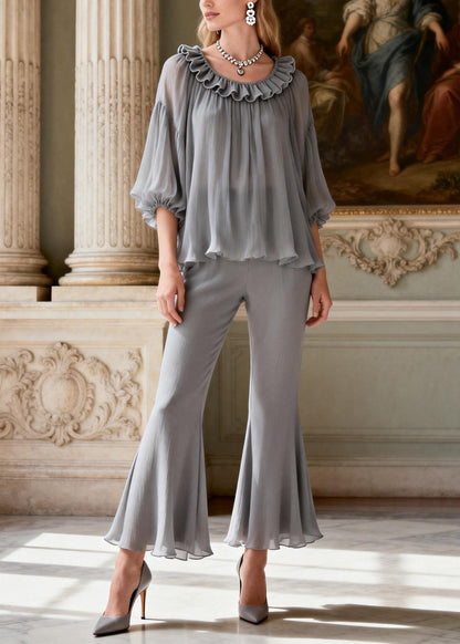 Plus Size Grey Ruffled Patchwork Silk Two Pieces Set Summer