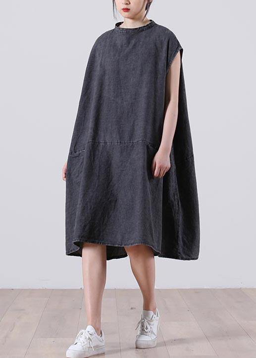 Plus Size Grey Sleeveless Pockets Loose Vacation Summer Cotton Dress - SooLinen