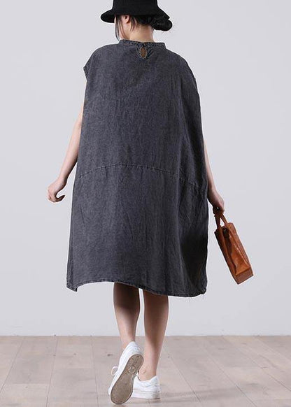 Plus Size Grey Sleeveless Pockets Loose Vacation Summer Cotton Dress - SooLinen