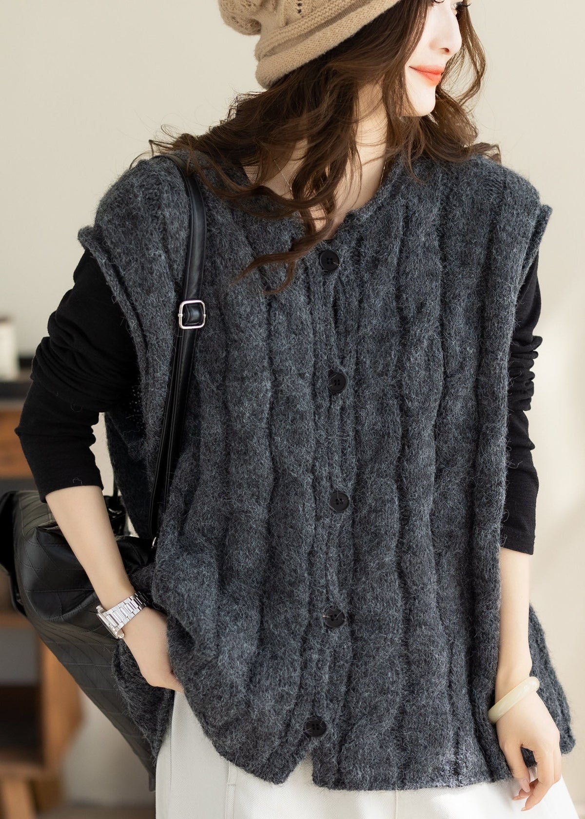 Plus Size Grey Thick Cable Knitted Tops Winter