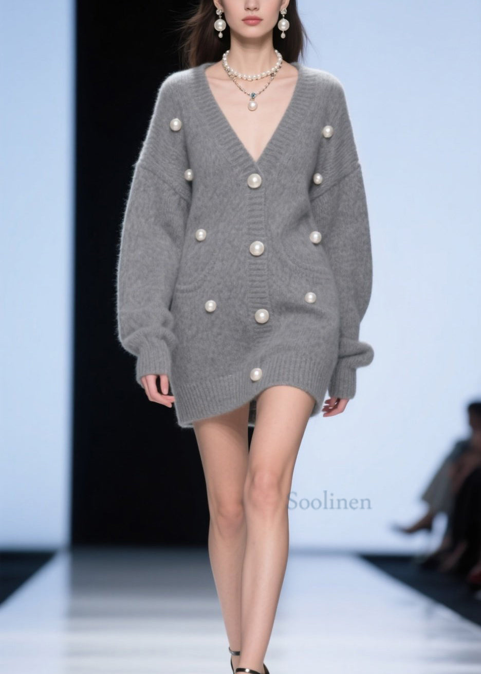 Plus Size Grey V Neck Nail Bead Patchwork Knit Cardigans Fall