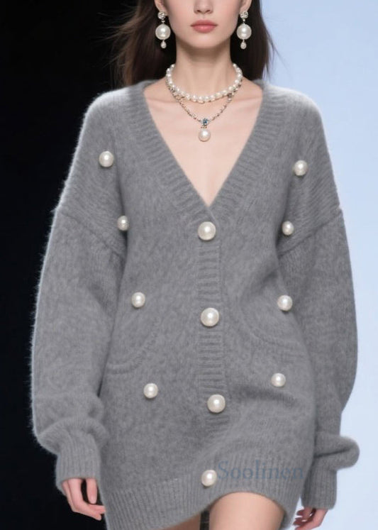 Plus Size Grey V Neck Nail Bead Patchwork Knit Cardigans Fall