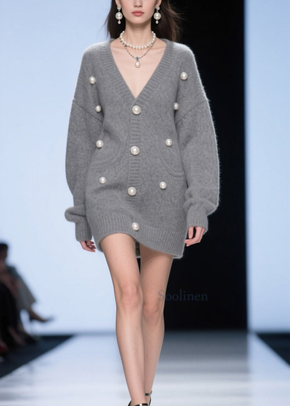 Plus Size Grey V Neck Nail Bead Patchwork Knit Cardigans Fall