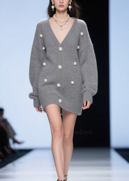 Plus Size Grey V Neck Nail Bead Patchwork Knit Cardigans Fall