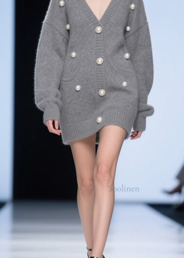 Plus Size Grey V Neck Nail Bead Patchwork Knit Cardigans Fall