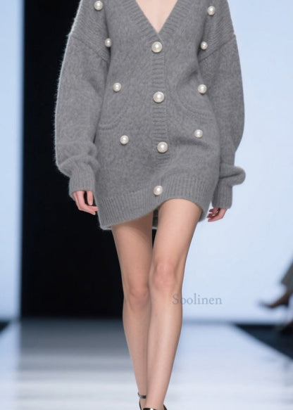 Plus Size Grey V Neck Nail Bead Patchwork Knit Cardigans Fall