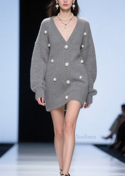 Plus Size Grey V Neck Nail Bead Patchwork Knit Cardigans Fall