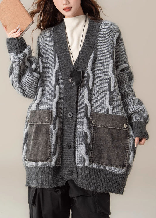 Plus Size Grey V Neck Pockets Patchwork Knit Coats Spring