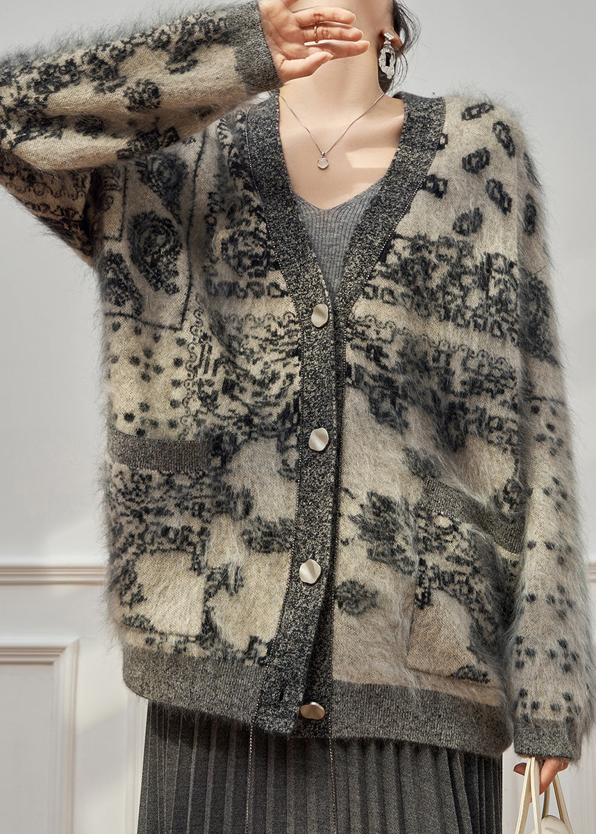 Plus Size Grey V Neck Print Cotton Knit Cardigan Long Sleeve
