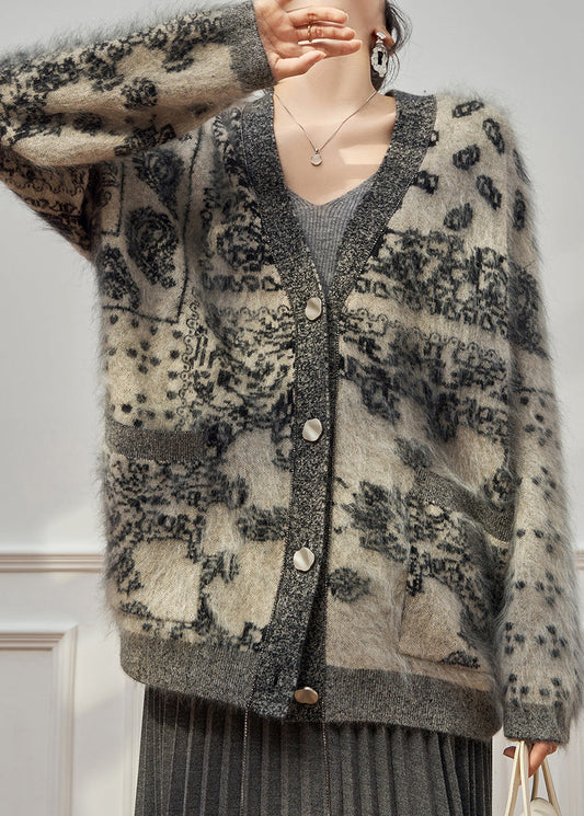 Plus Size Grey V Neck Print Cotton Knit Cardigan Long Sleeve