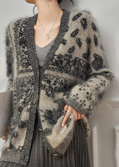Plus Size Grey V Neck Print Cotton Knit Cardigan Long Sleeve