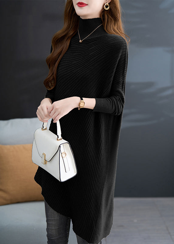 Plus Size Khaki Green Hign Neck Asymmetrical Knit Sweater Fall