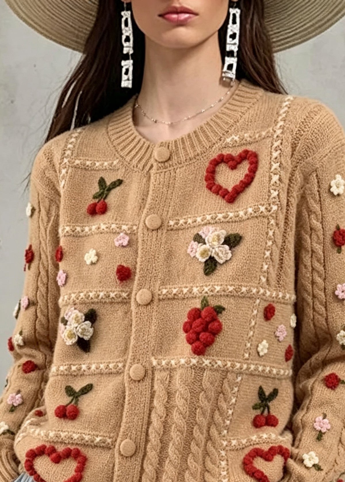 Plus Size Khaki O-Neck Floral Cotton Knit Cardigans Long Sleeve