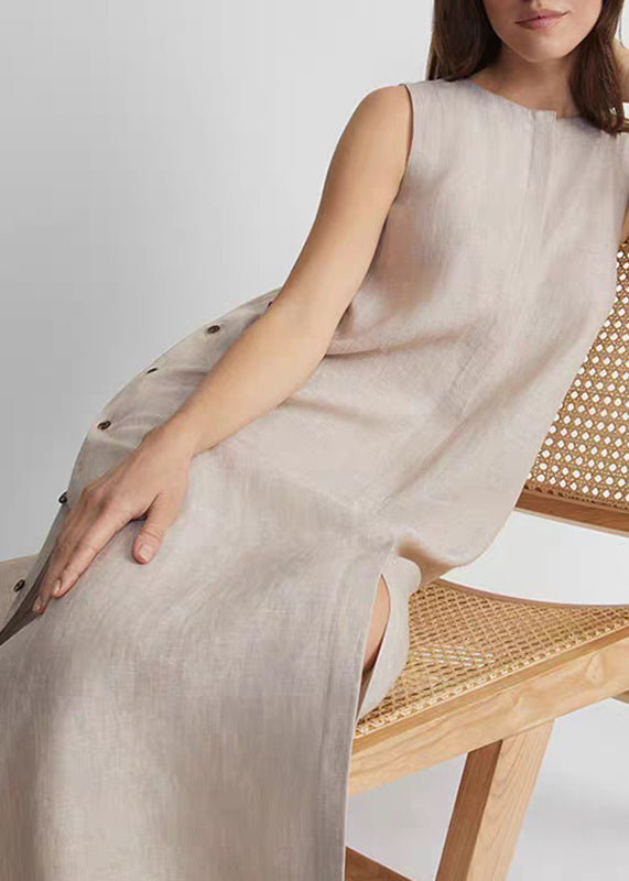 Plus Size Khaki O-Neck Low High Design Robe Dresses Sleeveless