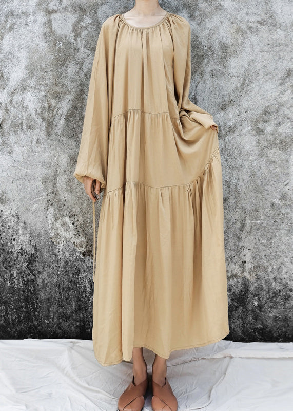 Plus Size Khaki O-Neck Patchwork Lazy Long Dresses Long Sleeve