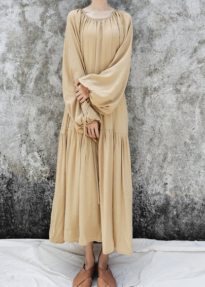 Plus Size Khaki O-Neck Patchwork Lazy Long Dresses Long Sleeve