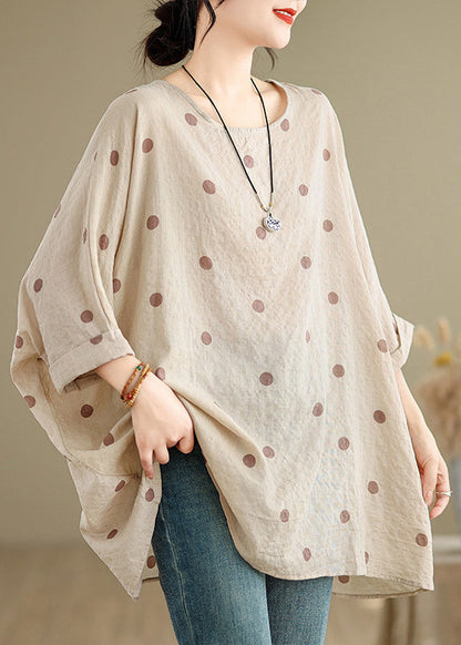 Plus Size Khaki O Neck Print Cotton T Shirt Tops Summer