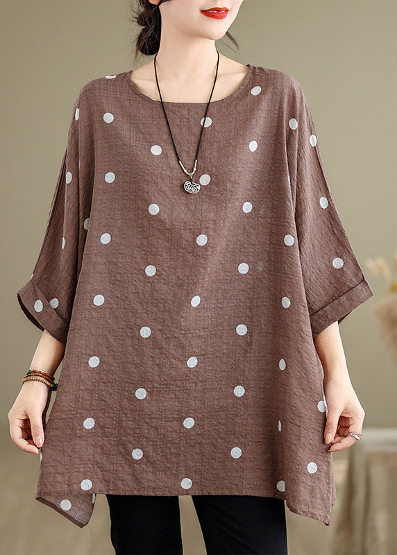 Plus Size Khaki O Neck Print Cotton T Shirt Tops Summer