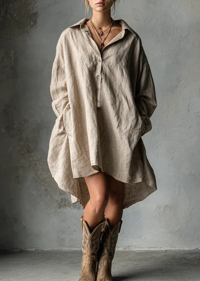 Plus Size Khaki Oversized Cotton Shirt Dress Fall