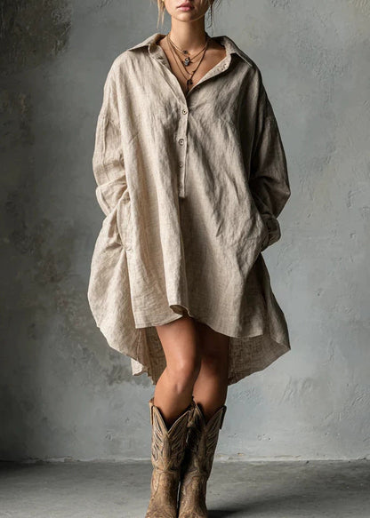 Plus Size Khaki Oversized Cotton Shirt Dress Fall