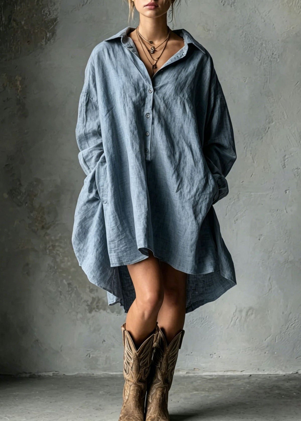 Plus Size Khaki Oversized Cotton Shirt Dress Fall