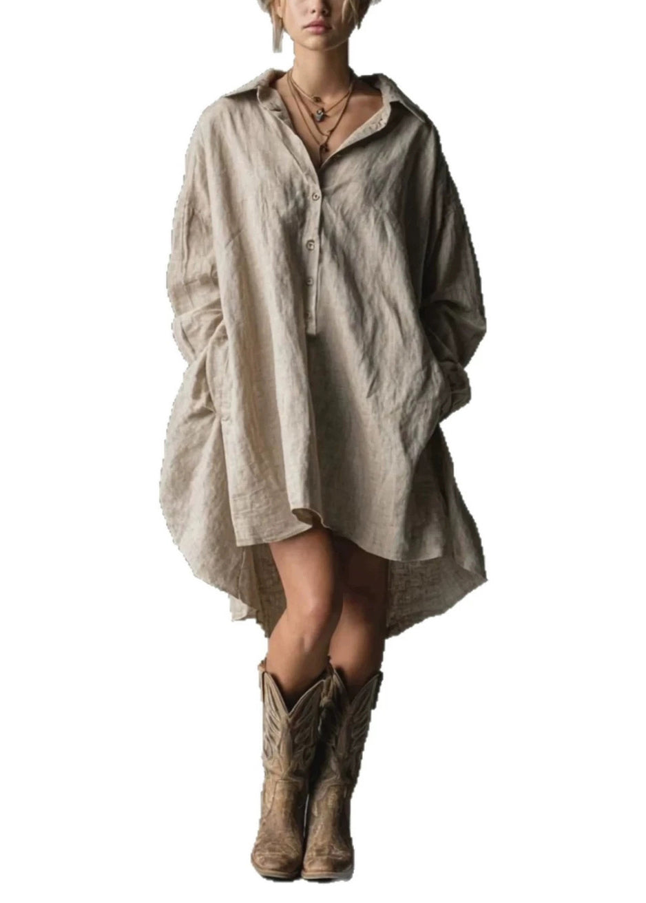 Plus Size Khaki Oversized Cotton Shirt Dress Fall
