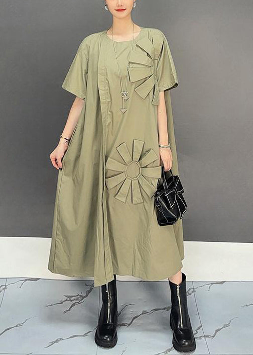 Plus Size Khaki Oversized Floral Cotton Long Dresses Summer