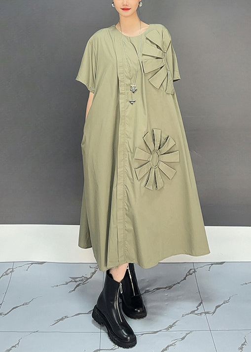 Plus Size Khaki Oversized Floral Cotton Long Dresses Summer