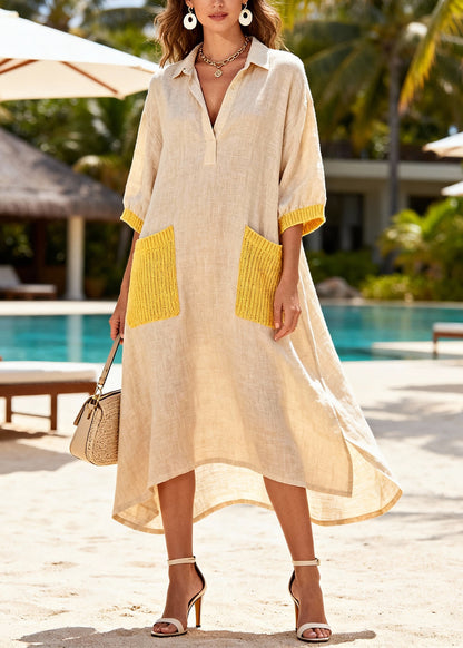 Plus Size Khaki Oversized Patchwork Pockets Linen Dress Summer