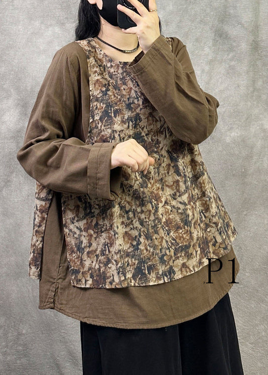 Plus Size Khaki Oversized Patchwork Print Linen Top Fall