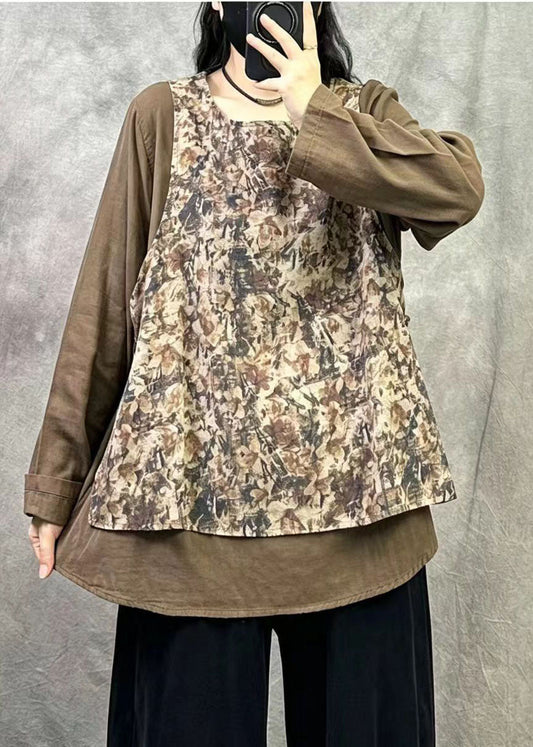 Plus Size Khaki Oversized Patchwork Print Linen Top Fall