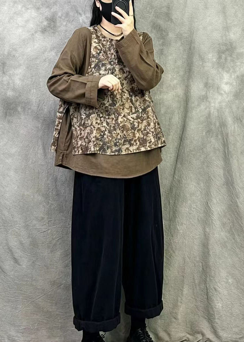 Plus Size Khaki Oversized Patchwork Print Linen Top Fall