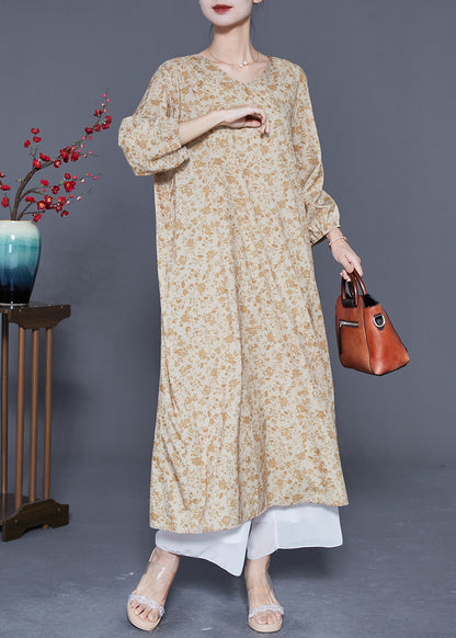 Plus Size Khaki Oversized Print Cotton Vacation Dress Bracelet Sleeve