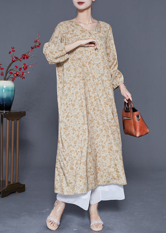 Plus Size Khaki Oversized Print Cotton Vacation Dress Bracelet Sleeve