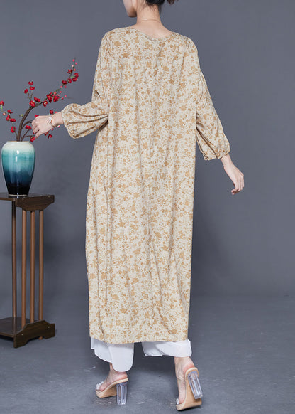 Plus Size Khaki Oversized Print Cotton Vacation Dress Bracelet Sleeve