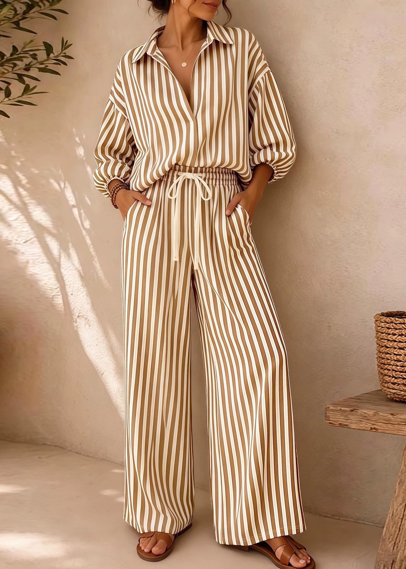 Plus Size Khaki Oversized Striped Cotton Two Piece Suit Set Fall