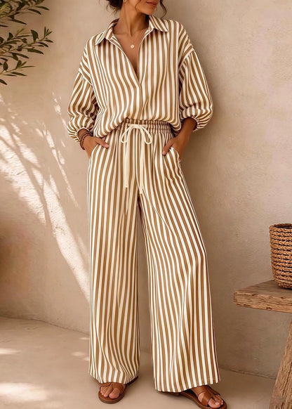 Plus Size Khaki Oversized Striped Cotton Two Piece Suit Set Fall