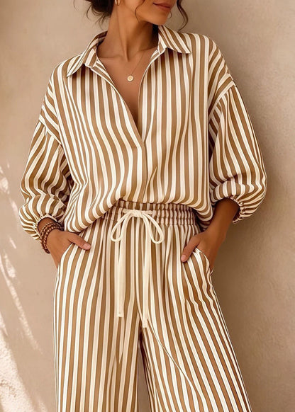 Plus Size Khaki Oversized Striped Cotton Two Piece Suit Set Fall