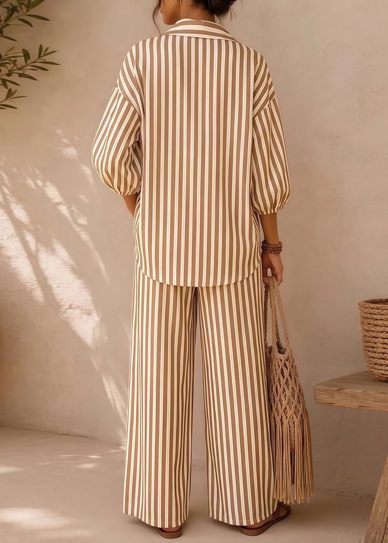 Plus Size Khaki Oversized Striped Cotton Two Piece Suit Set Fall