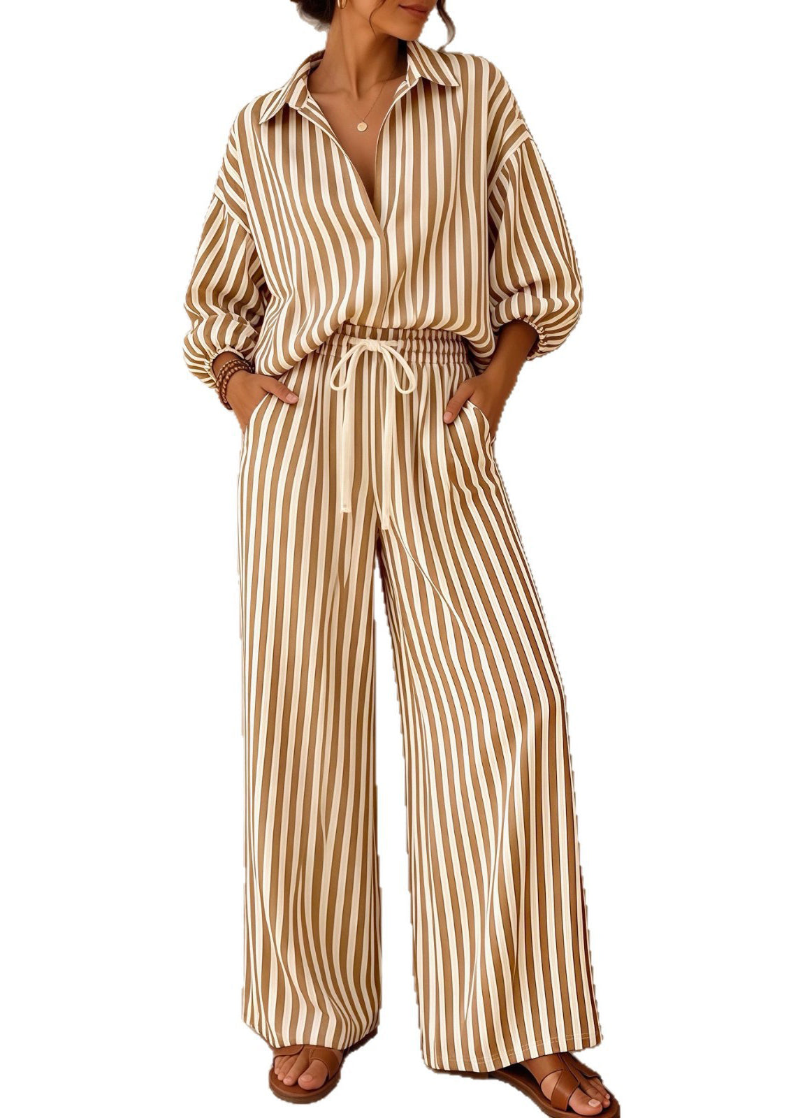 Plus Size Khaki Oversized Striped Cotton Two Piece Suit Set Fall